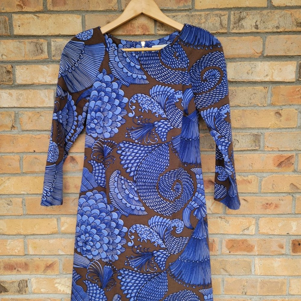 Elizabeth McKay New York Blue Brown Zip Long Sleeve Lined Sheath Dress Zip sz 2